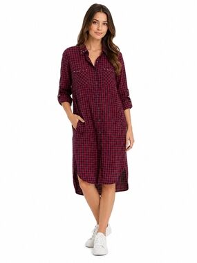 Billy T Studded Plaid Shirt Dress M Lyocell Button Front Hi-Low Tunic Boho